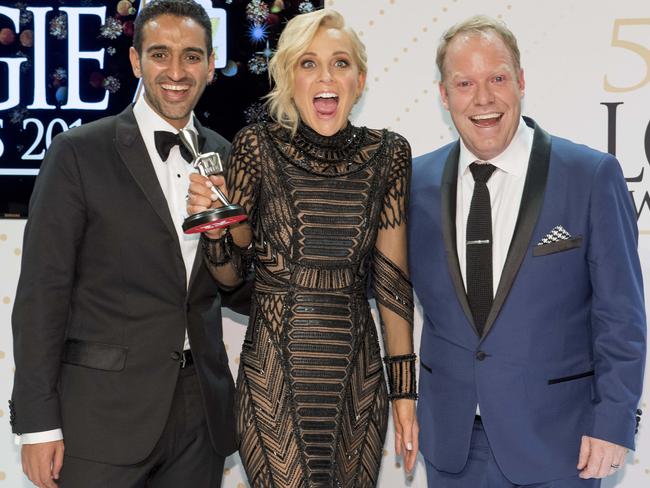 Bickmore, along with The Project co-hosts Waleed Aly and Peter Helliar, with the 2016 Logie for Best News Panel or Current Affairs Program..