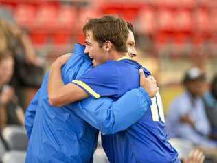 IN CHARGE: Thiago Kosloski (left) celebrates a goal with Nykodah Smith. Kosloski, who briefly served in an advisory role during the 2016 season, is now the NPL club's head coach. Picture: Nev Madsen