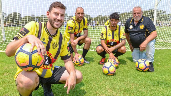 Pontian Eagles players, including Arti Tsak (left), will face West Adelaide Raptors in an FFA Cup SA Greek derby. Picture: AAP/Brenton Edwards