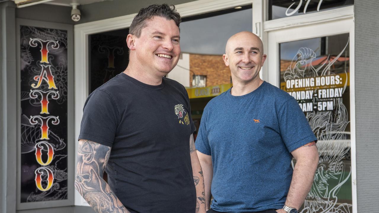 Scott Hornery (left) and Ben Smith have opened Whisky Time Tattoo in Ruthven St. Wednesday, July 21, 2021. Picture: Nev Madsen.