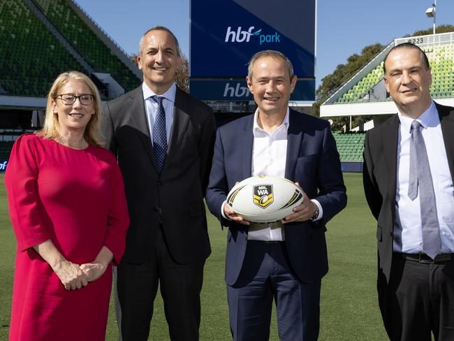 PERTH, AUSTRALIA - MAY 08: Rita Saffioti (Western Australia Sport and Recreation Minister), Andrew Abdo (National Rugby League CEO), Roger Cook (Western Australia Premier) and Peter VÃ¢â¬â¢landys (Australian Rugby League Commission Chairman) pose during an NRL Perth Bears Announcement press conference at HBF Park on May 08, 2025 in Perth, Australia.  (Photo by Paul Kane/Getty Images)