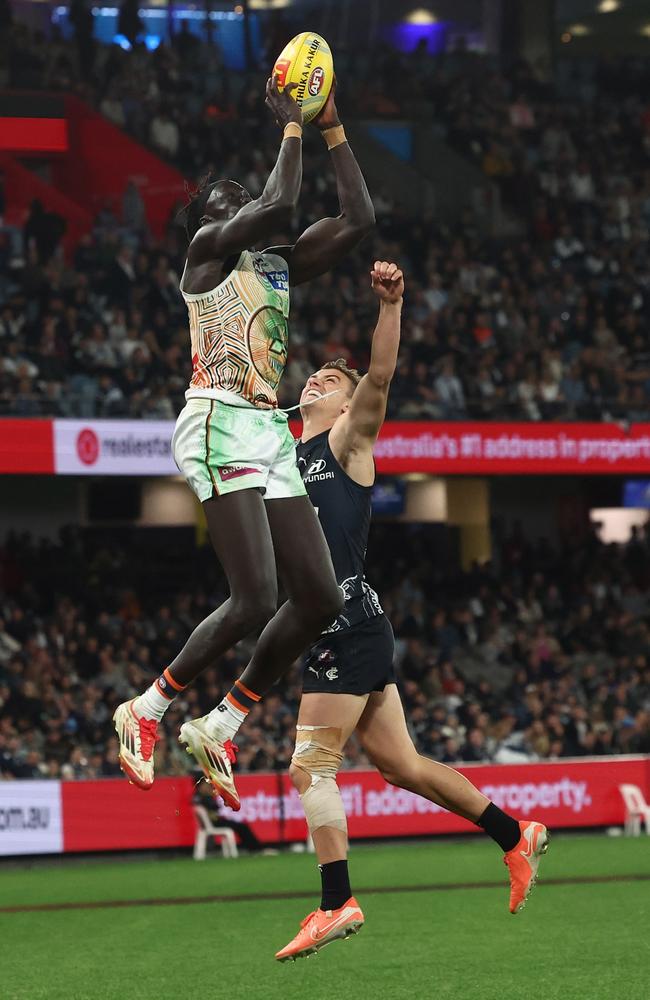 Leek Aleer takes to the skies. Picture: James Wiltshire/AFL Photos