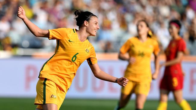 Chloe Logarzo celebrates after scoring the Matildas’ fifth goal.