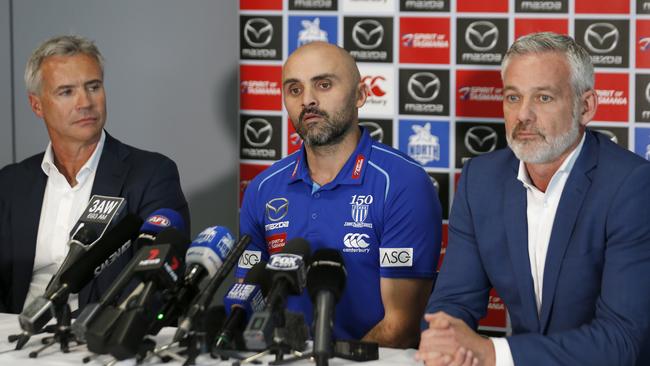 North Melbourne managing director Carl Dilena, new coach Rhyce Shaw and chairman Ben Buckley speak to the media.