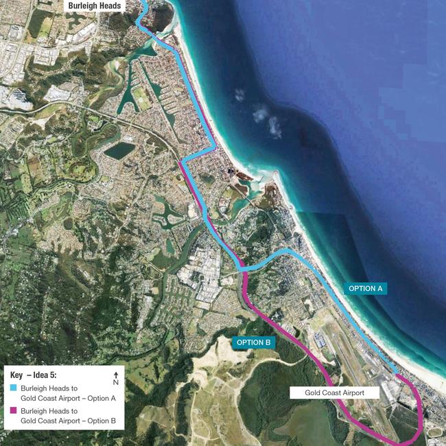 The light rail path through Burleigh and Palm Beach as originally proposed in the GCC consultation. PHOTO: Supplied