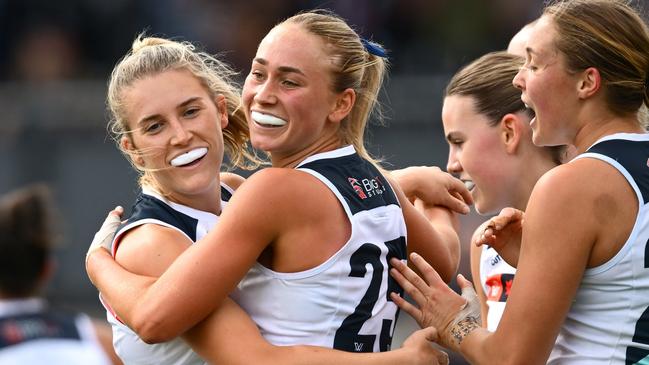 Carlton midfielder Keeley Sherar (centre) pipped Abbie McKay (left) to win her maiden club best and fairest in her fourth season at the Blues. Picture: Quinn Rooney / Getty Images