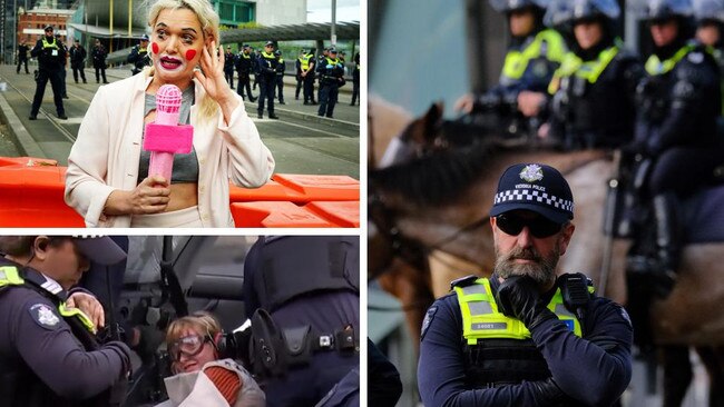 An anti-weapons protester has had her concrete-encased hand detached from a car by police during the final day of anti-war protests in Melbourne. 