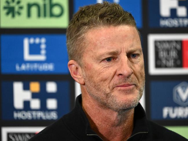 MELBOURNE, AUSTRALIA - MAY 23: Damien Hardwick the coach of the Tigers speaks to the media where he announced his retirement during a Richmond Tigers AFL press conference at Punt Road Oval on May 23, 2023 in Melbourne, Australia. (Photo by Quinn Rooney/Getty Images)