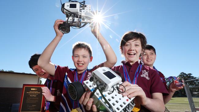 Ashgrove State School (2019) Year 6 students Sebastian Cumplido-Richards, Luke Jacobsen, David Plater and Ethan White, winners of the Australian Open World Educational Robot competition. The school is always one of the top NAPLAN performers. Picture: Liam Kidston