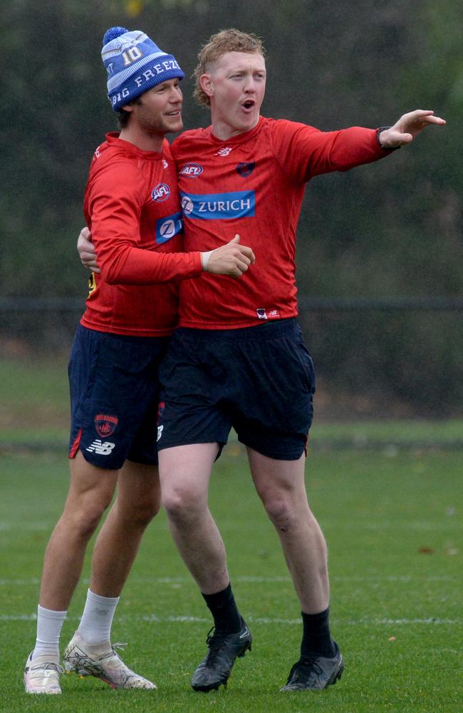 Clayton Oliver and Ed Langdon at Melbourne training. Picture: Andrew Henshaw