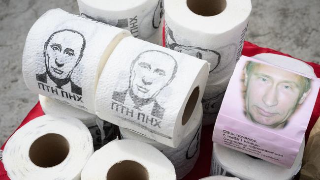 Satirical toilet paper featuring the face of Russian President Vladimir Putin in Lviv, Ukraine. Lviv has served as a stopover and shelter for the millions of Ukrainians fleeing the Russian invasion, either to the safety of nearby countries or the relative security of western Ukraine. Picture: Getty Images