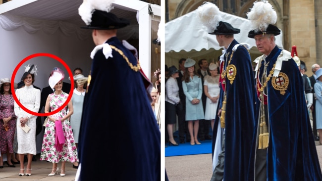 The Princess of Wales shot a big smile at her husband as he walked past, and the couple shared an almost identical moment during the 2014 service. Picture: WPA Pool/Getty Images