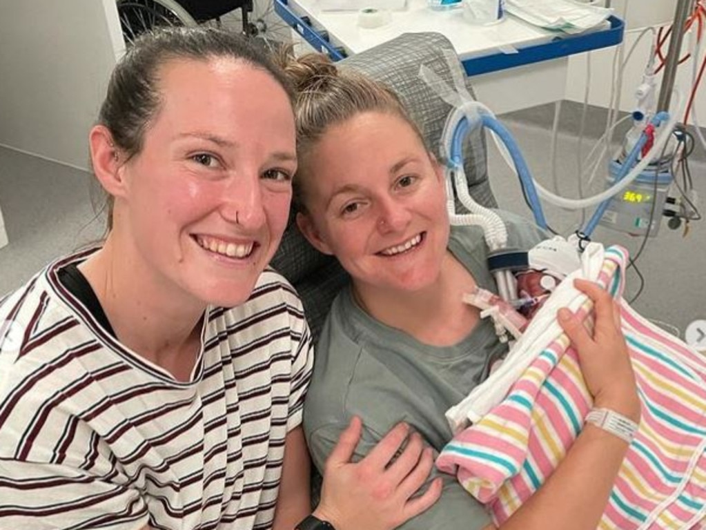 Megan Schutt (left) and wife Jess welcomed baby Rylee in August. Pictures: Megan Schutt Instagram