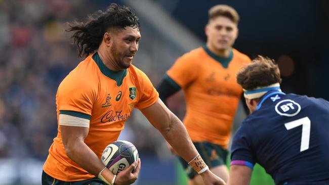 Wallabies forward Rob Leota charges into the Scottish defence. Picture: Getty Images