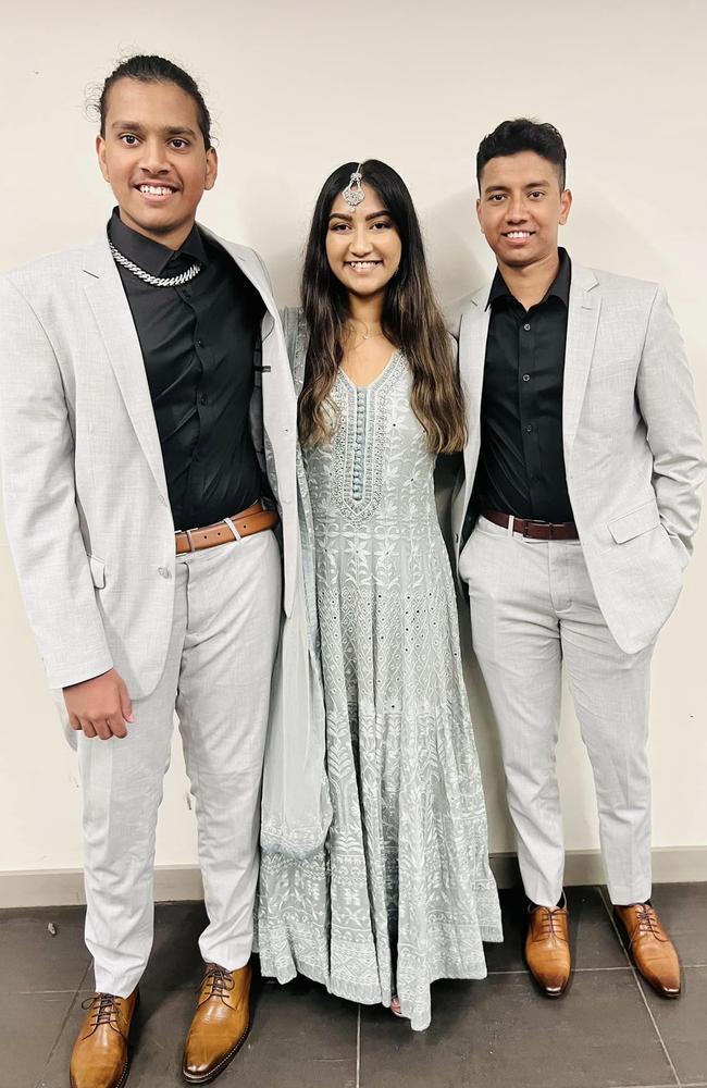 Zak (left) at the wedding with his sister, Jude, and brother, Zaida, on Saturday evening. Picture: Supplied