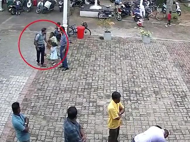 One of the suspected bombers was captured on CCTV patting a child on the head before entering the packed St Sebastian's Church. Picture: Handout / CCTV Sri Lanka / AFP