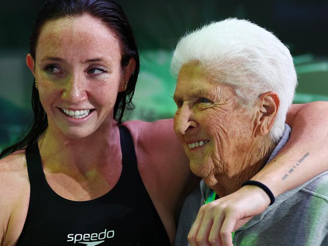 BRISBANE, AUSTRALIA - JUNE 10: Lani Pallister of Queensland celebrates with Dawn Fraser after the Womenâs 400m Freestyle Final during the 2024 Australian Swimming Trials at Brisbane Aquatic Centre on June 10, 2024 in Brisbane, Australia. (Photo by Quinn Rooney/Getty Images)