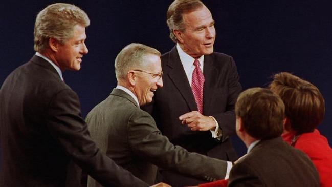 During the 1992 US presidential campaign debates, independent H. Ross Perot, centre, faced off against Democrat Bill Clinton and Republican George H.W. Bush. Picture: AFP