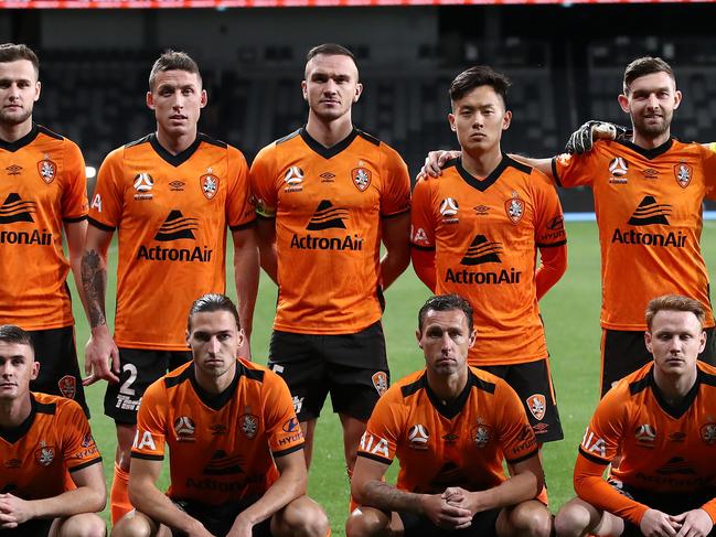 SYDNEY, AUSTRALIA - AUGUST 23: The Brisbane Roar pose prior to the A-League Elimination Final match between Western United and the Brisbane Roar at Bankwest Stadium on August 23, 2020 in Sydney, Australia. (Photo by Cameron Spencer/Getty Images)