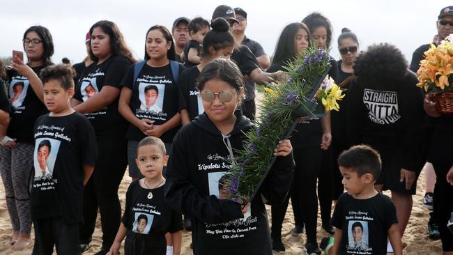 The family of Tuipolotu ‘Tui’ Gallaher gather at South Maroubra in his honour after the 14 year old drowned in a rip on December 27. Picture: Carly Earl.