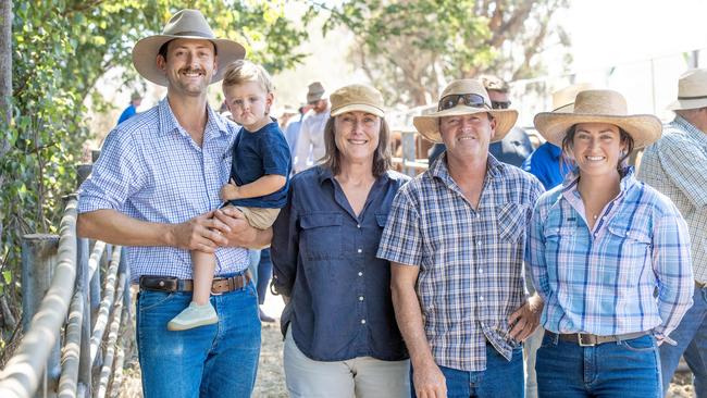 Tracey and Brendan Ah Sam from Omeo sold 240 cattle at Omeo. Pictured: Son Campbell and grandson Tully, 2, Tracey and Brendan, and daughter Indi Ah Sam.