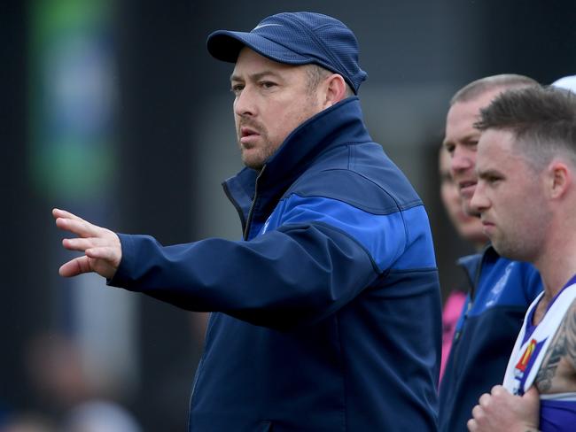 Sunbury coach Travis Hodgson during the Ballarat FL Sunbury v Darley football match in Sunbury, Saturday, Aug. 3, 2019. Picture: Andy Brownbill