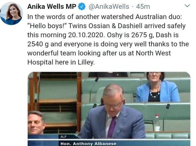 Opposition Leader Anthony Albanese announced the arrival of twin boys for Member for Lilley Anika Wells and her husband, Finn, today. Ms Wells shared the video with the birth announcement on Twitter this afternoon. Picture: Twitter