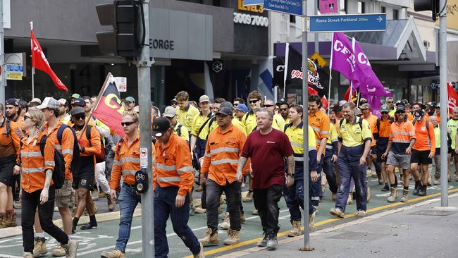CFMEU workers pictured marching through the streets of Brisbane, 27th August 2024.