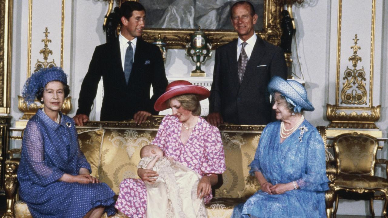 The Queen with Princess Diana, the Queen mother, Prince Philip and Prince Charles in an official portrait from Prince William’s christening in 1982. Picture: Tim Graham/Getty Images