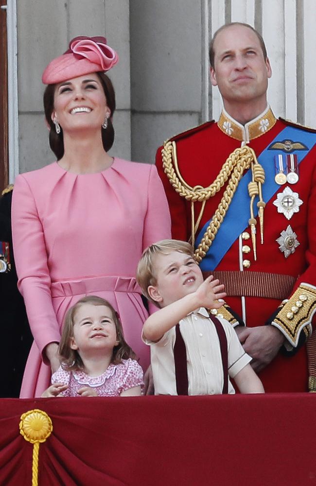 Britain's Kate, The Duchess of Cambridge, Prince William and their children Princess Charlotte and Prince George appear on the balcony of Buckingham Palace. Picture: AP.