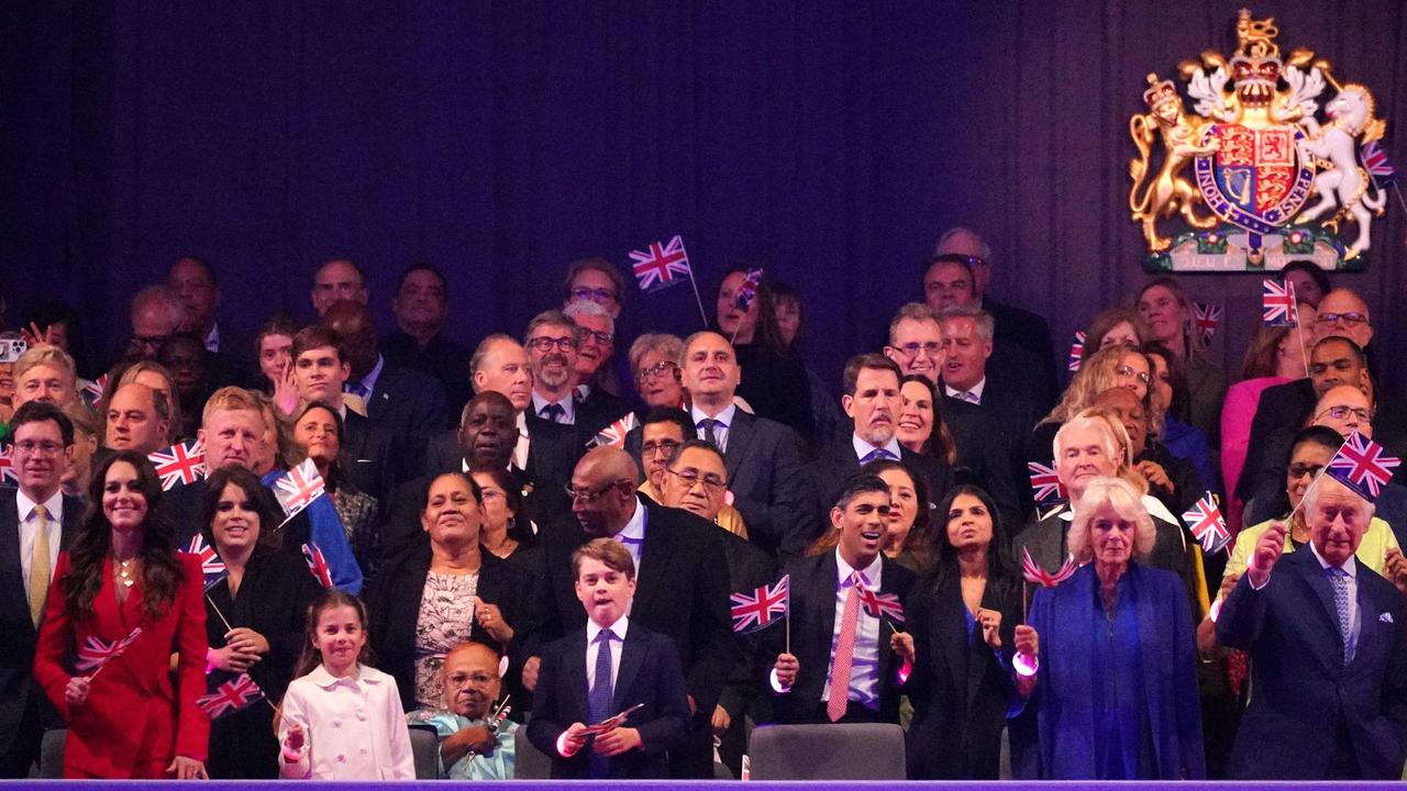 From Left, Jack Brooksbank, Britain's Catherine, Princess of Wales, Britain's Princess Eugenie of York, Britain's Princess Charlotte of Wales, Britain's Prince George of Wales, Britain's Prime Minister Rishi Sunak, wife of Britain's Prime Minister Rishi Sunak Akshata Murty, Britain's Queen Camilla and Britain's King Charles III in the royal box. Picture: AFP