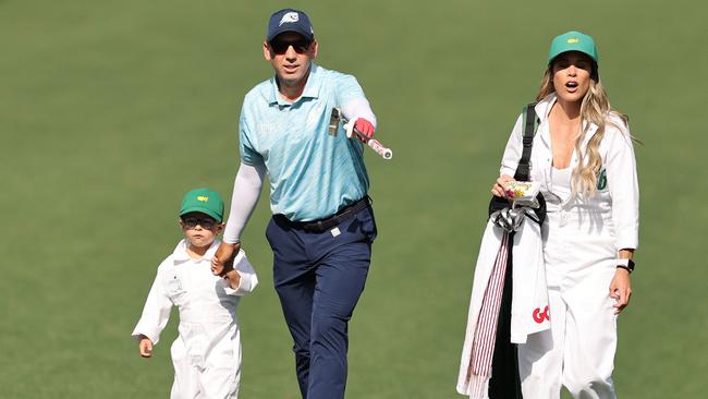 Sergio Garcia of Spain, along with his wife Angela Atkins Garcia and their son Enzo, walk the seventh hole. Garcia is known for his historic victory at the 2017 Masters, which secured his first major title after years of near-misses. Before her marriage to Sergio, Angela played college golf at the University of Arizona. Picture: AFP
