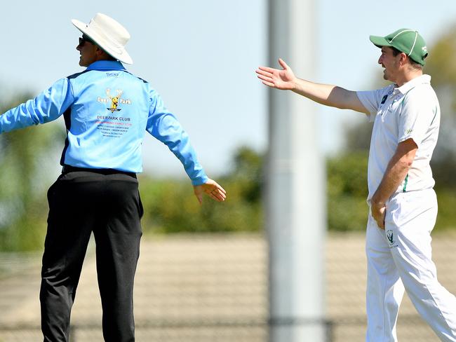 An Airport West St Christophers player speaks with Salman Afridi of Haig Fawkner during the Victorian Turf Cricket Association Deer Park Club/Isaacs Howarth Shield Grand Final match between Airport West St Christophers and Haig Fawkner at Etzel Street Reserve, on March 16, 2024, in Melbourne, Australia. (Photo by Josh Chadwick)