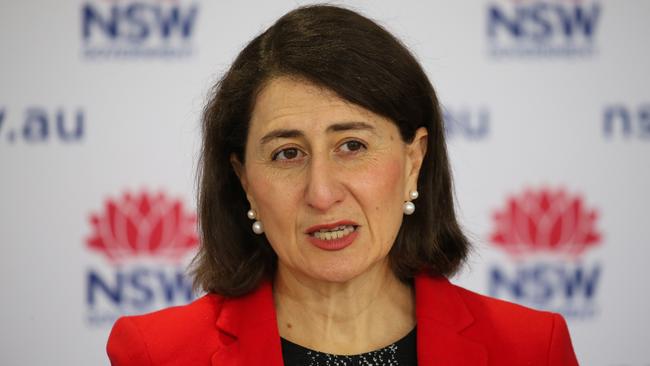 NSW Premier Gladys Berejiklian gives the Covid update on Sunday morning. Picture: Gaye Gerard