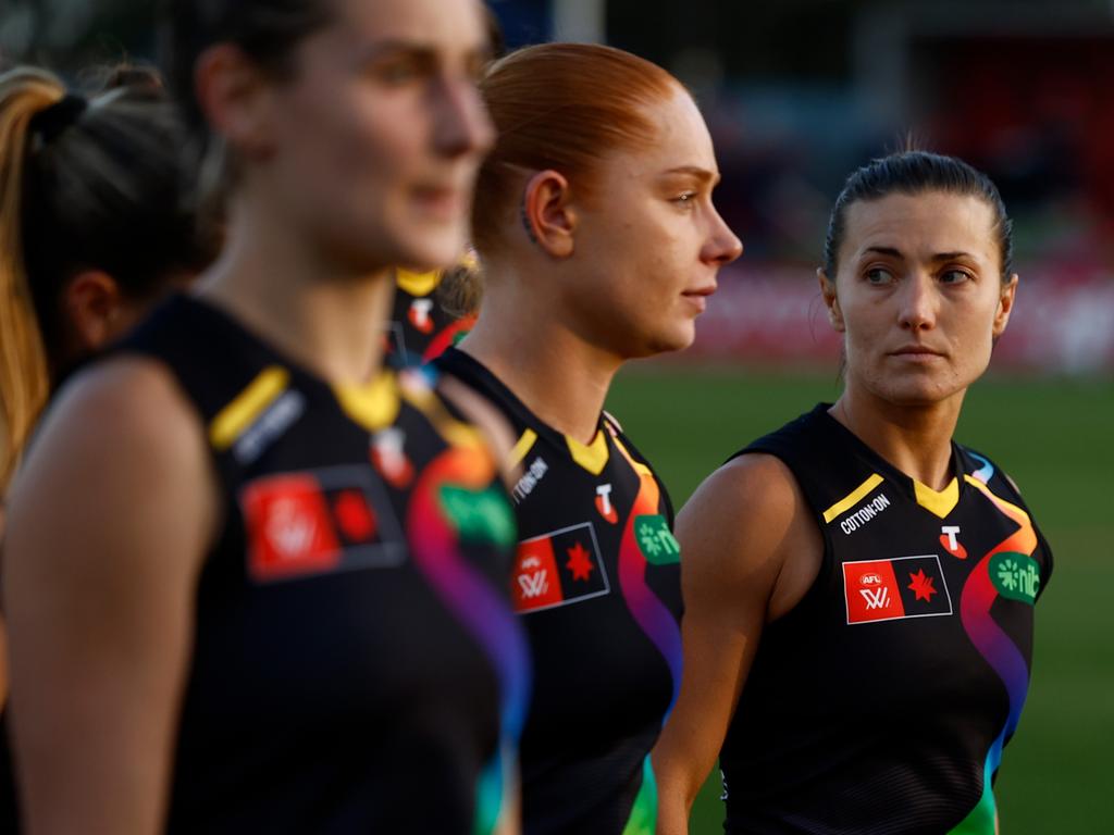 Kate Dempsey walks off after the loss to Melbourne on the weekend. Picture: Michael Willson/AFL Photos via Getty Images.