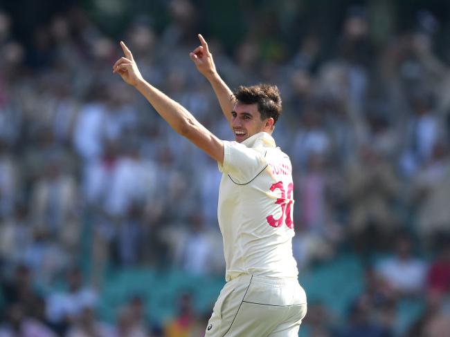 Pat Cummins unsuccessfully appeals for the wicket of Tom Blundell. Picture: AAP