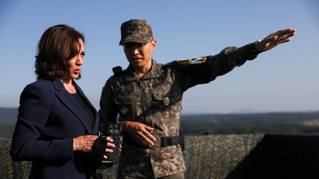 US Vice President Kamala Harris holds binoculars at the military observation post as she visits the demilitarised zone separating the two Koreas. Picture: AFP