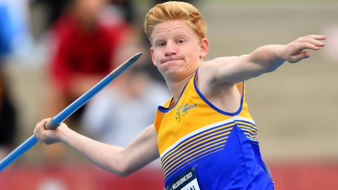 Angus Linton (ACT) competes in the Boys Under 15 Heptathlon during the 2023 Australian Little Athletics Championships.