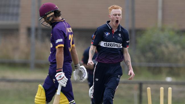 Bowled him! Yarraville’s Mitchell Cross celebrates the wicket of Altona’s Dylan Appleby. Picture: Andy Brownbill