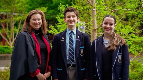 Huntingtower School College captains 2025: Nicolás C (centre) and Olivia W (right).