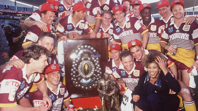 The victorious Brisbane Broncos with Tina Turner after the 1993 grand final. Picture: Col Whelan