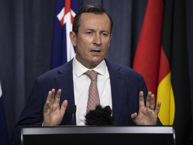 PERTH, AUSTRALIA - JANUARY 31: Premier Mark McGowan speaks to media at Dumas House Press Room on January 31, 2021 in Perth, Australia. Premier Mark McGowan has announced a five day lockdown across the Perth, Peel and South West regions of Western Australia, effective from 6pm local time on Sunday 21 January. The lockdown measures come following the discovery of a positive COVID-19 case in a worker at a quarantine hotel. (Photo by Matt Jelonek/Getty Images)