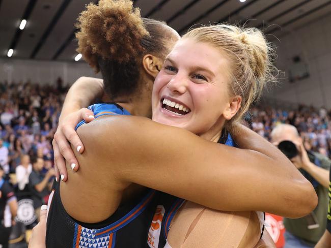 Shyla Heal celebrates victory in last season’s WNBL finals. Picture: Kelly Defina/Getty Images