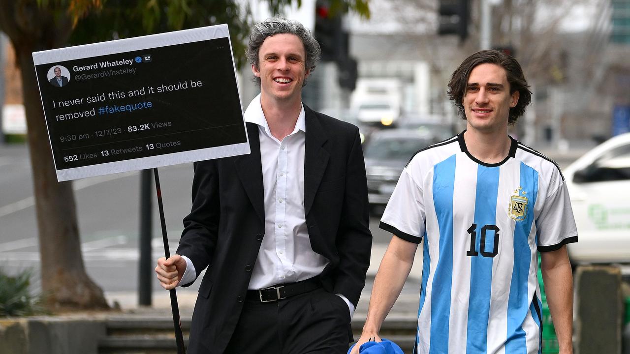 Max Holmes and Gryan Miers as Gerard Whateley and Lionel Messi from the fake tweet storm. Picture: Morgan Hancock/AFL Photos