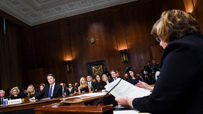 Judge Brett Kavanaugh is questioned by Rachel Mitchell as he testifies before the Senate Judiciary Committee. Picture: AFP