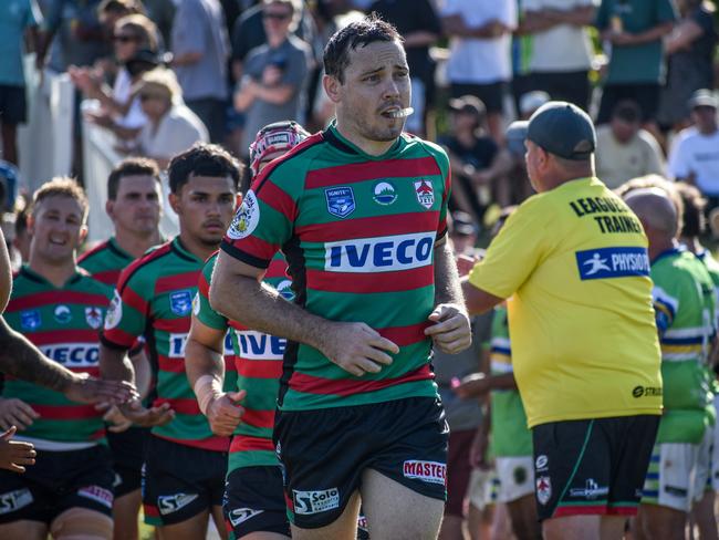 Captain Thomas Rowles leads out the Bilambil Jets ahead of their game against the Tweed Coast Raiders during round one of the 2023 Northern Rivers Regional Rugby League (NRRRL) season. Photo: Max Ellis