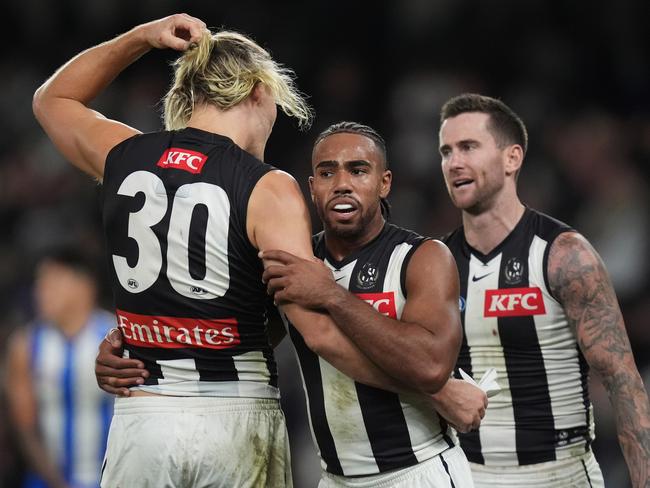 Pressure up the ground aids the intercept ability of the Pies’ defenders. Picture: Getty Images