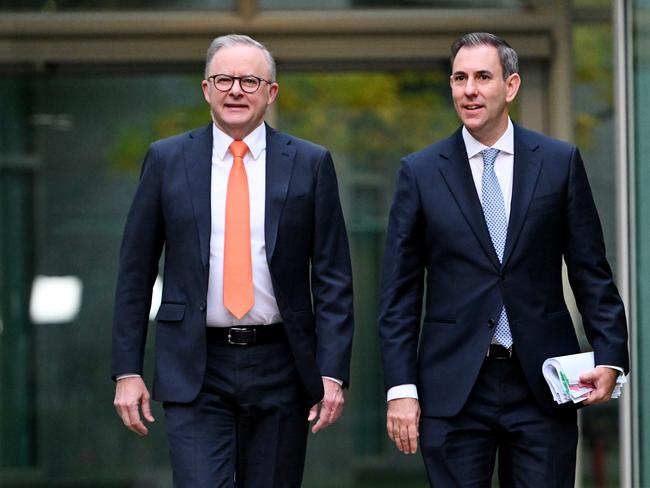 CANBERRA, AUSTRALIA - MAY 15: Prime Minister of Australia, Anthony Albanese and Treasurer of Australia, the Hon Dr Jim Chalmers MP (R) arrive for post budget media interviews at Parliament House on May 15, 2024 in Canberra, Australia. Australia's Labor government is grappling with a slowing economy, weaker commodity prices, soaring housing costs and a softening labor market. It unveiled its federal budget on May 14. The budget is seen as a key opportunity for the Labor government to deliver broad economic support that analysts say is fundamental to re-election chances next year. (Photo by Tracey Nearmy/Getty Images)