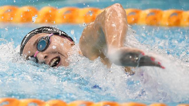 Ariarne Titmus charges to within millimetres of breaking the oldest record in women’s swimming. Picture: Getty Images