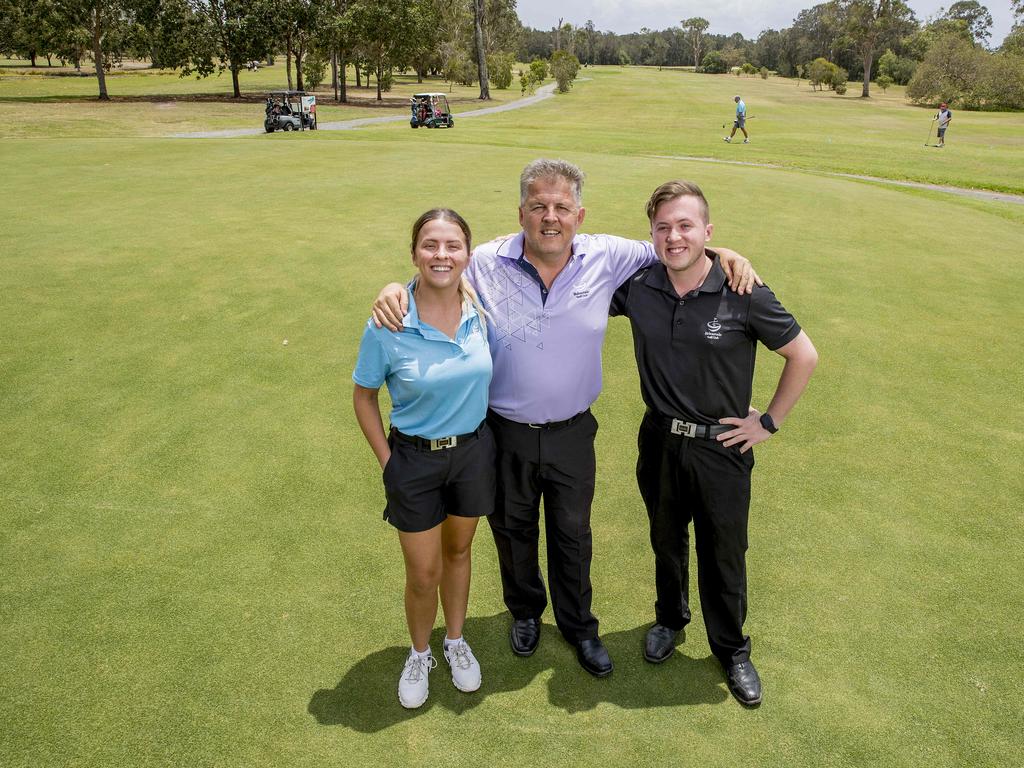 Danielle Lawton, Brett Lawton and Chris Lawton are the family operators of the Helensvale golf club. Picture: Jerad Williams